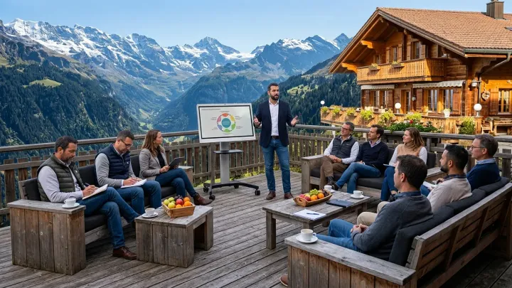 Un séminaire en petit groupe sur la terrasse d'un chalet, face aux Alpes