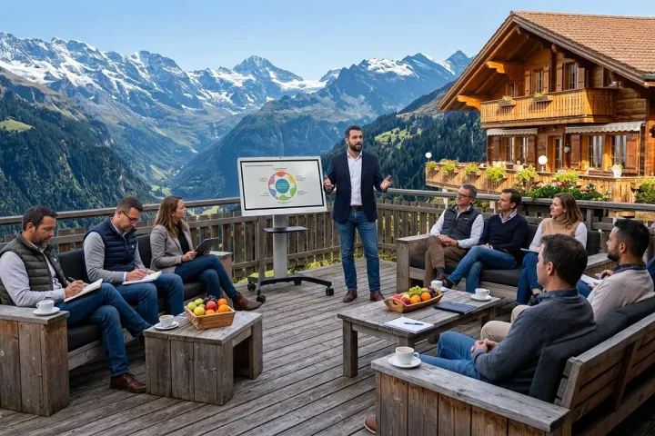 Un séminaire en petit groupe sur la terrasse d'un chalet, face aux Alpes