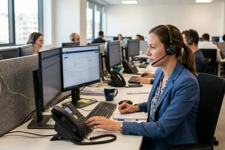 Une commerciale au casque devant ses écrans, dans un plateau ouvert