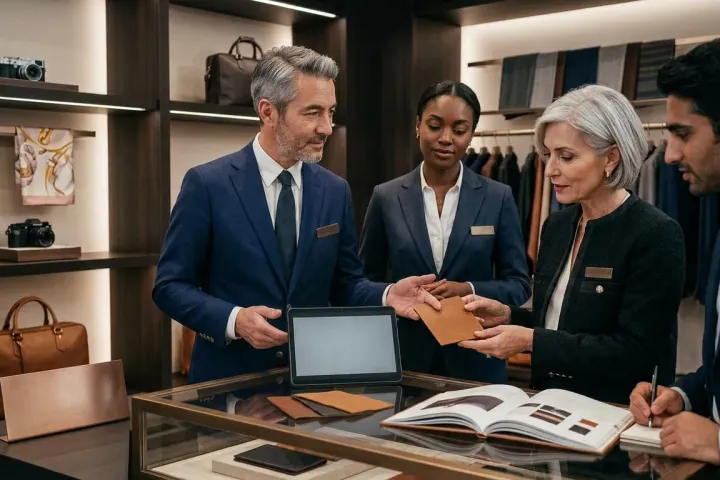 Quatre conseillers de vente en costume examinent ensemble des échantillons de cuir au comptoir d'une boutique