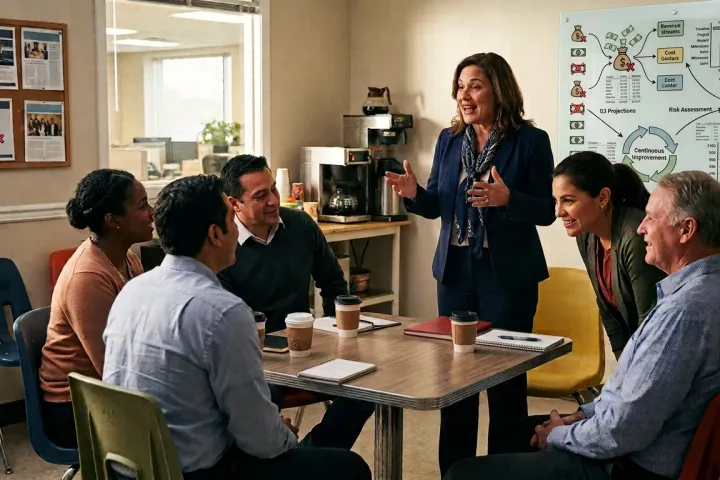 Une responsable échange avec des membres souriants de son équipe autour d'une table, dans une salle de pause, un tableau de graphiques au mur